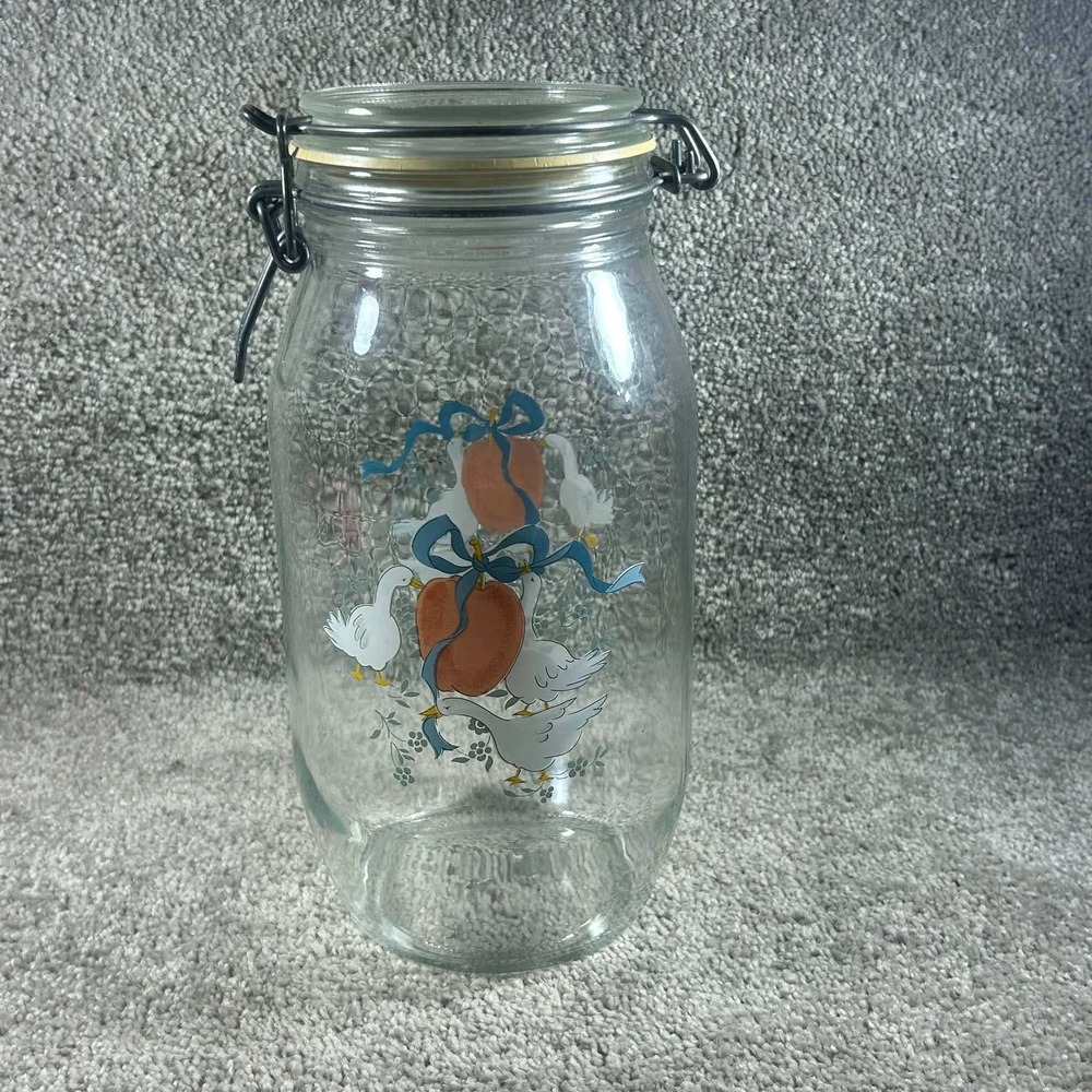 Arc France Glass Storage Jar Geese Peach Graphic Cottagecore